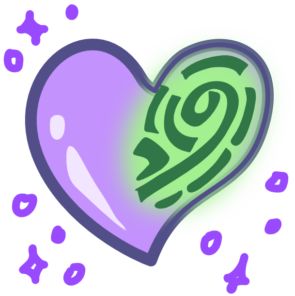 a light Purple Heart with sparkles around it has a dark green fingerprint with a light green background on its right side. The image has dark line art. 